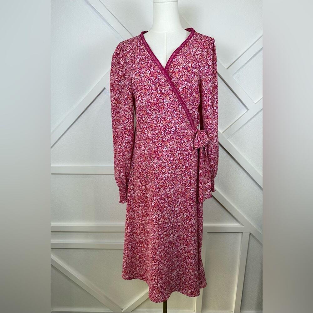 Max Studio Floral Dot Print Balloon Sleeve Wrap Dress In Dark Pink Size Large - Picture 2 of 10